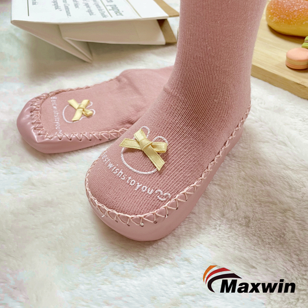 Kids Socks with Textile ABS Sole and Bow Girls Design -5
